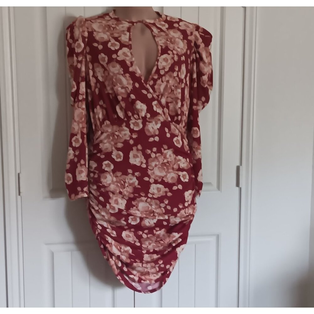 Shein Curve Floral Wrap Dress 1XL Long Sleeve Deep V-Neck Ruched Hem